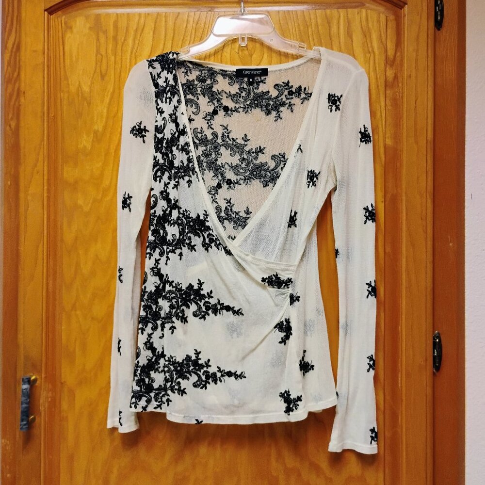 Beautiful Karen Kane black & white embroidered net or mesh top size S to M